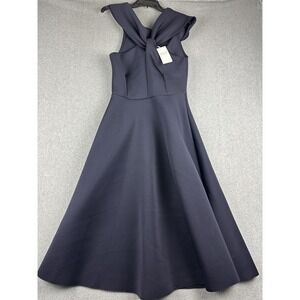 Quiz Dress Womens 8 Navy Scuba Twist Front Bardot Skater Fit Flare Knee NWT